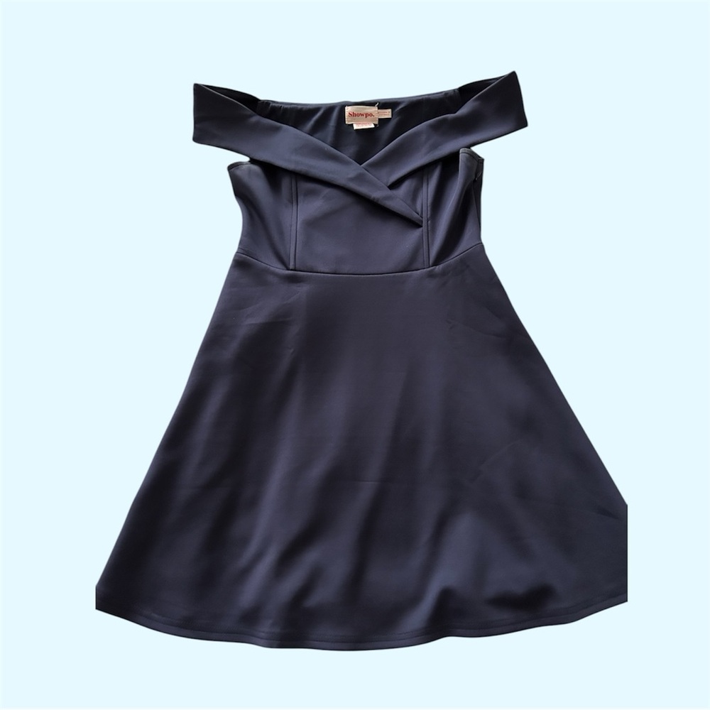 Showpo Off-Shoulder Navy Dress, Size 8